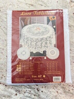 Round 60" Lace Tablecloth Rose Floral Design White NEW In Package Bistro Cottage